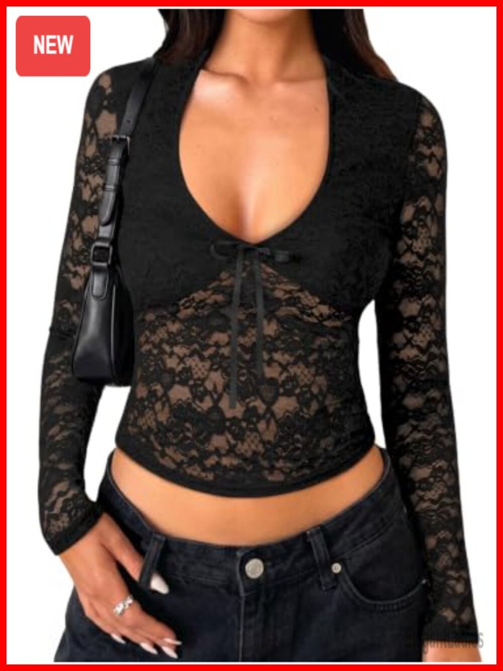 Womens Lace Crop Top Long Sleeve V-Neck Y2K Going Out Shirt